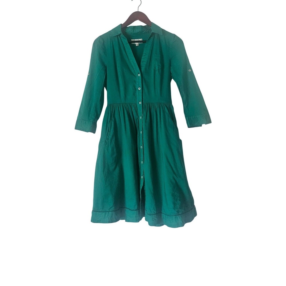Moulinette Soeurs Anthropologie Cotton Fit Flare Shirt Dress Green Sz 2 Pockets